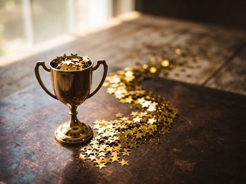 Small gold trophy filled with star confetti on a rustic wooden table