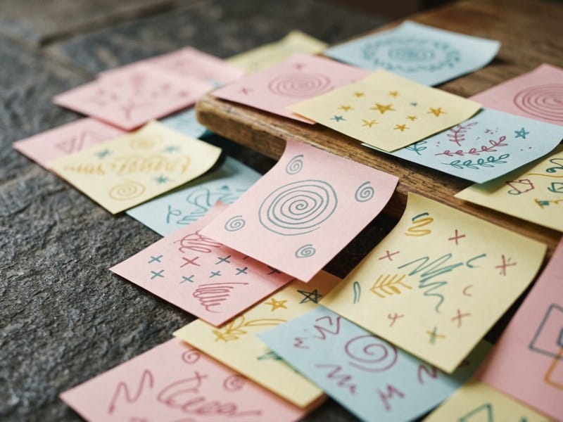 Colorful sticky notes covered in hand-drawn doodles scattered on a wooden surface
