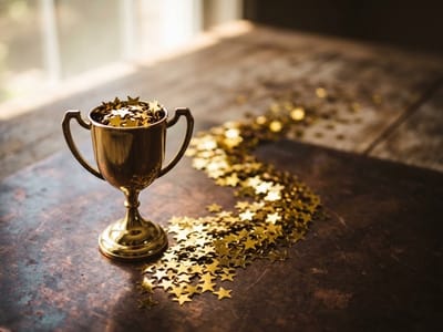 Small gold trophy filled with star confetti on a rustic wooden table