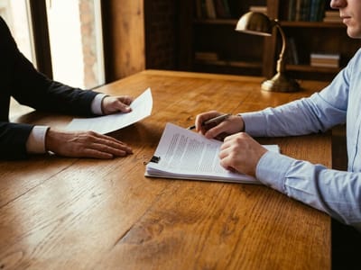 Two people in office clothes reviewing paperwork across a wooden desk