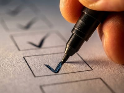 Hand ticking a box with a black pen on a printed checklist