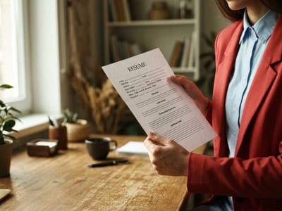 Person in a red blazer holding a printed resume beside a wooden desk