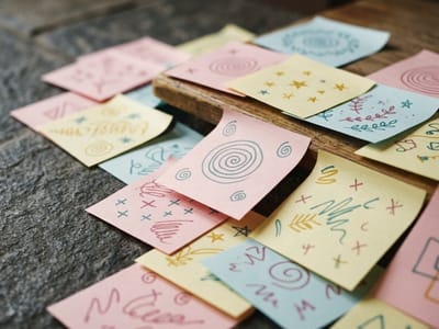 Colorful sticky notes covered in hand-drawn doodles scattered on a wooden surface
