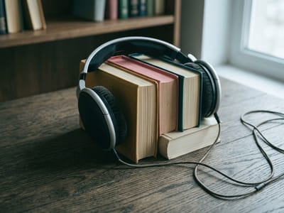 Headphones wrapped around a row of books standing on a wooden desk