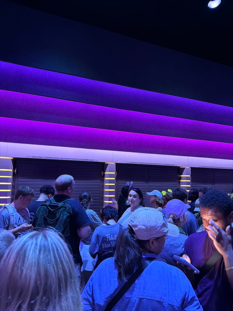A crowded queue room at Guardians of the Galaxy after the ride broke down